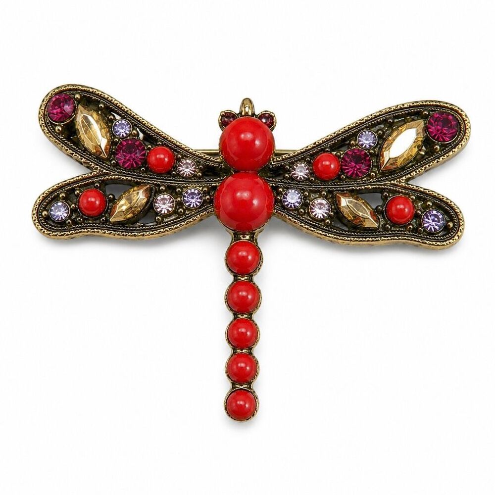 Red Dragonfly Brooch, Art Deco Style Whimsical Insect Pin
